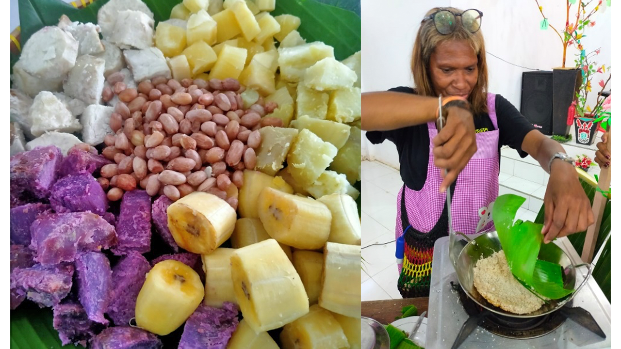 Figure 1 (left) Tubers and bananas served to the offline participants. Figure 2 (rights) Demo of processing sago into Sinole, by Monik.
